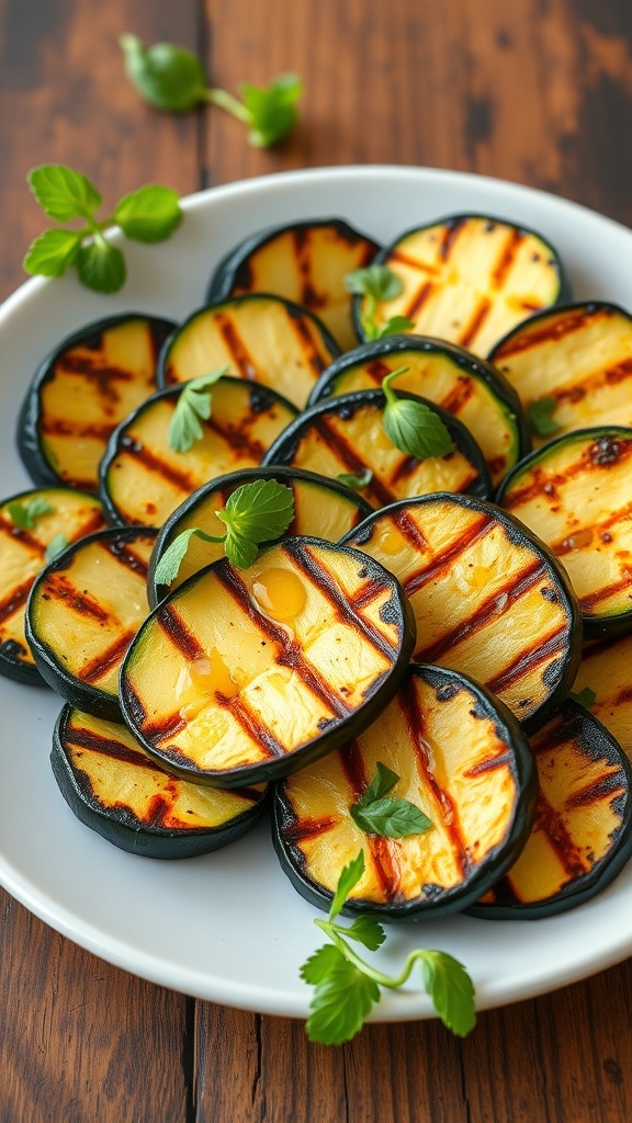 Grilled Zucchini Recipe Grilled zucchini slices with grill marks, garnished with herbs on a rustic wooden table.